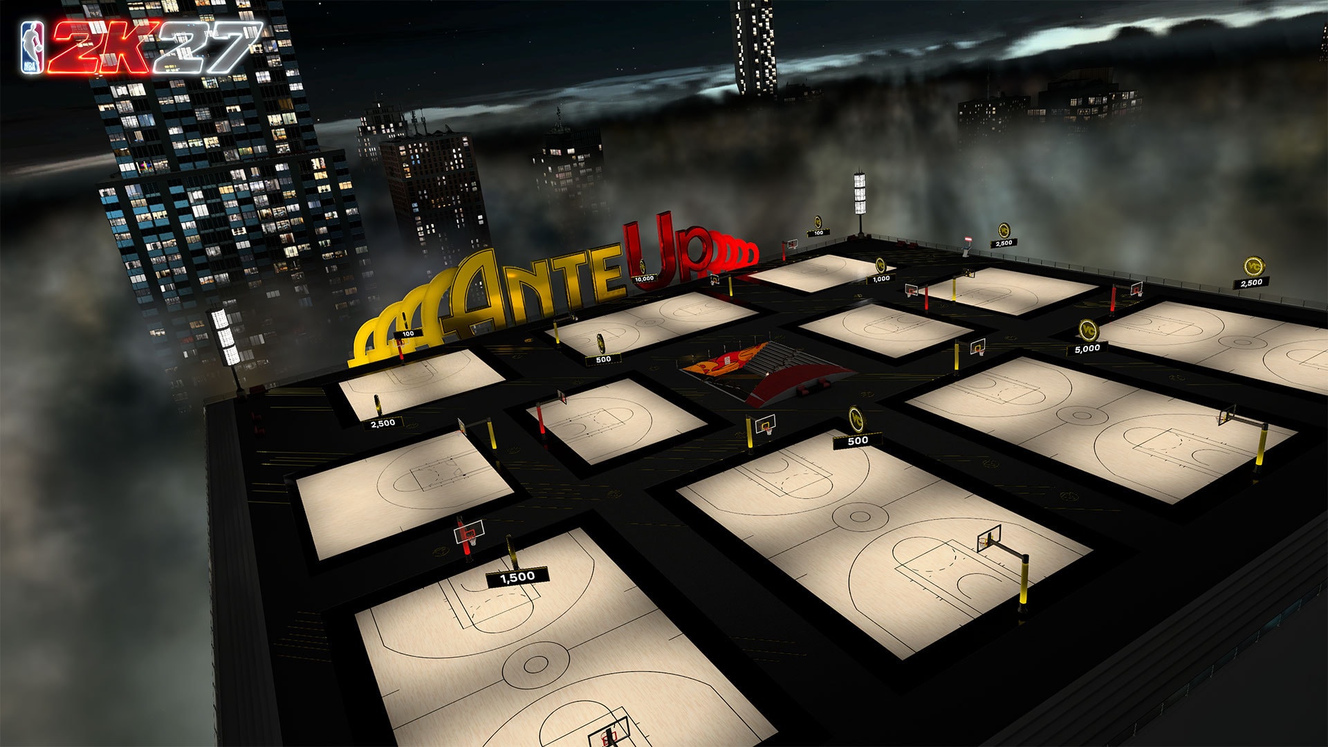Ante-Up's new rooftop courts above the clouds at night in NBA 2K27, with VC wager amounts displayed above each court