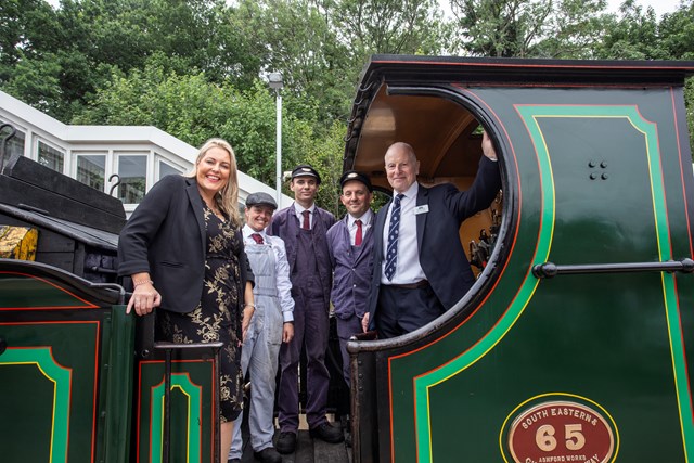 East Grinstead AfA Mims on the footplate-2: MP for East Grinstead Mims Davies with train crew and Bluebell Railway Vice President Roy Watts MBE