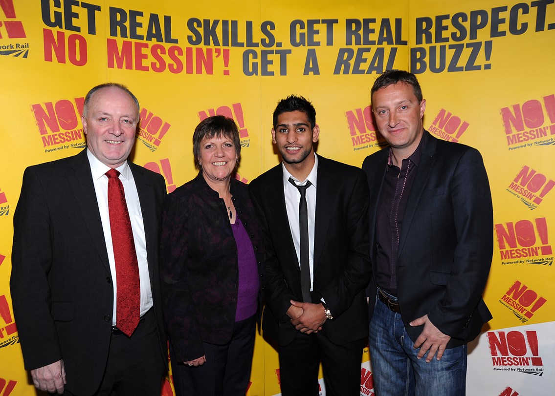 Bolton MPs Julie Hilling and David Crausby join Amir Khan and Network Rail's head of community safety Martin Gallagher at the No Messin' Tri-nation boxing competition: Bolton MPs Julie Hilling and David Crausby join Amir Khan and Network Rail's head of community safety Martin Gallagher at the No Messin' Tri-nation boxing competition