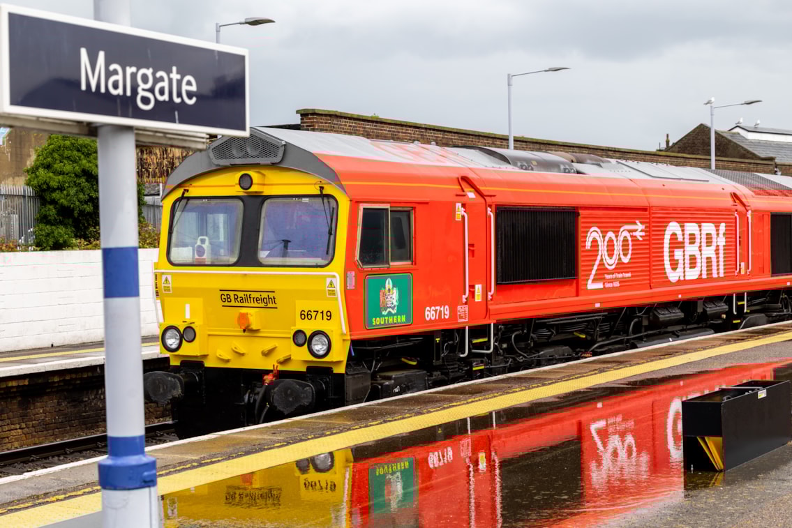 Class 66 locomotive leads 'Inspiration' exhibition train at Margate station