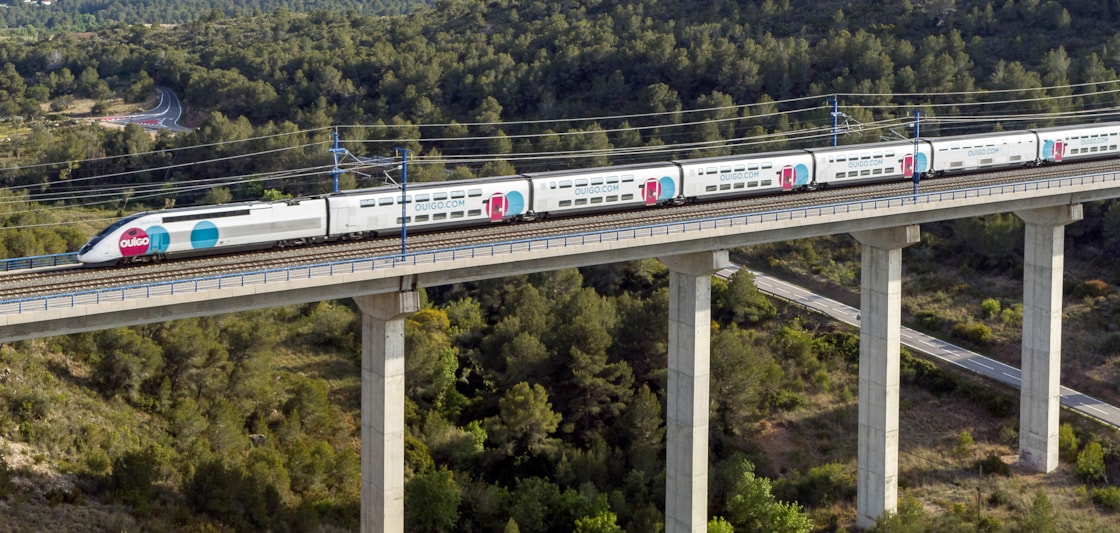 High speed TGV train crosses viaduct: © Ouigo