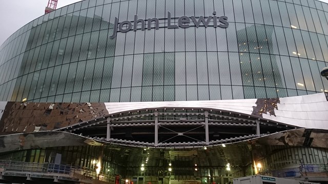 The media eye above the new entrance to Birmingham New Street station on Hill Street / Station Street