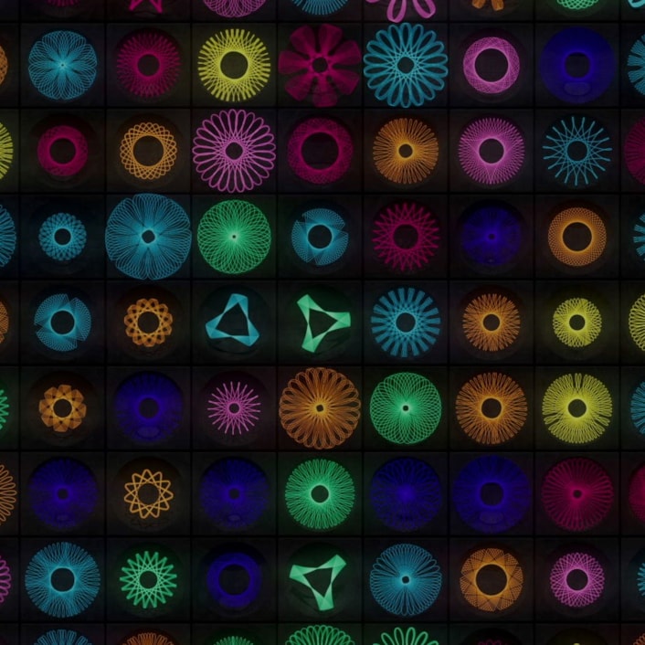Light Night: Spirograph Reimagined: Spirograph Reimagined, created by artists Lesley Halliwell and William Card, will celebrate 60 years since Denys Fisher invented the hugely popular drawing device, which uses geometric patterns to create elaborate spiral drawings. © Halliwell & Card