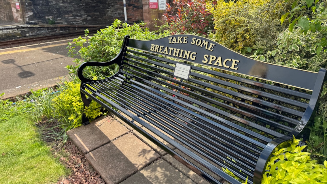 New station benches offer moment to pause this mental health awareness week: Breathing Space bench - Dumfries - May 2025