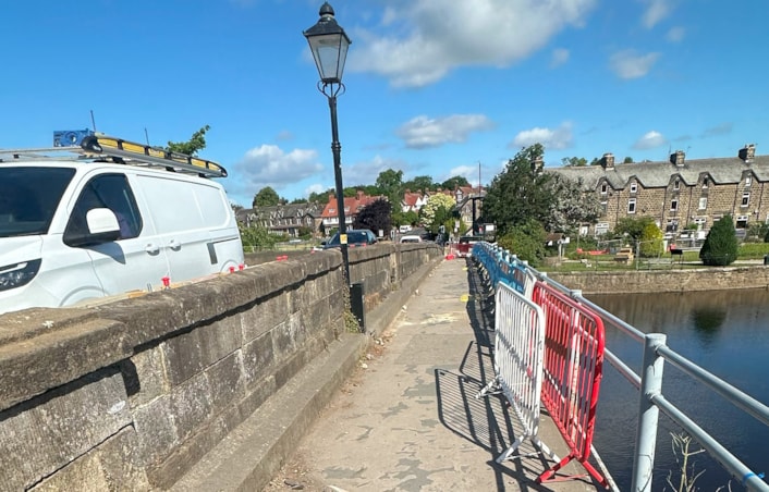 Otley Bridge footway before works May 2025: Otley Bridge footway before construction May 2025