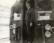 Junior Transport Secretary J T C Moore-Brabazon in the first train to arrive at Morden ©TfL from the London Transport Museum collection: Junior Transport Secretary J T C Moore-Brabazon in the first train to arrive at Morden ©TfL from the London Transport Museum collection