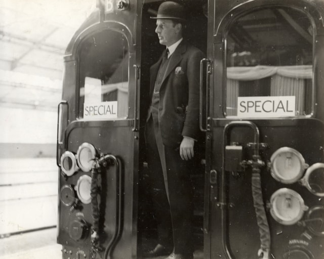 Junior Transport Secretary J T C Moore-Brabazon in the first train to arrive at Morden ©TfL from the London Transport Museum collection