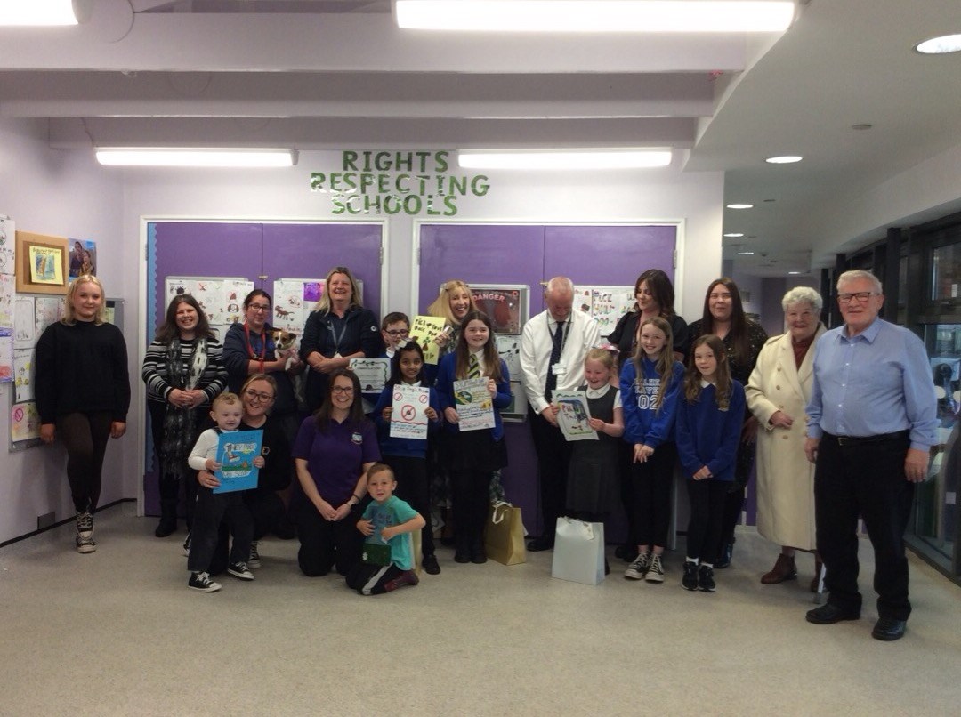 The prize winners from Hillhead PS, with Mrs Kerr, Acting DH, Miss Bannister, Acting PT  with the children from Hillbank ECC.