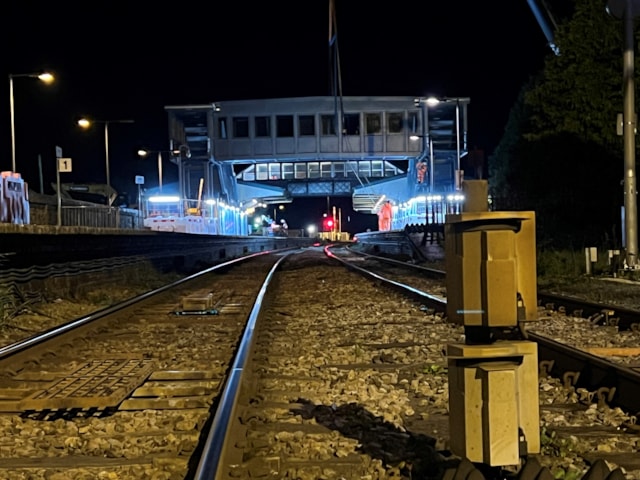 Bridge span is installed at Llanelli station as part of construction of accessible footbridge-3: Bridge span is installed at Llanelli station as part of construction of accessible footbridge-3