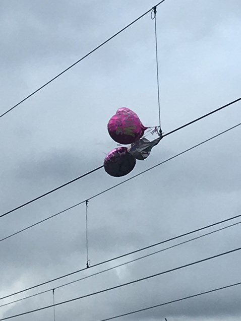 Balloons on overhead electric lines at Linslade Tunnels Bedfordshire April 2019