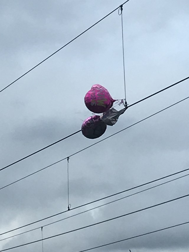 Balloons on overhead electric lines at Linslade Tunnels Bedfordshire April 2019