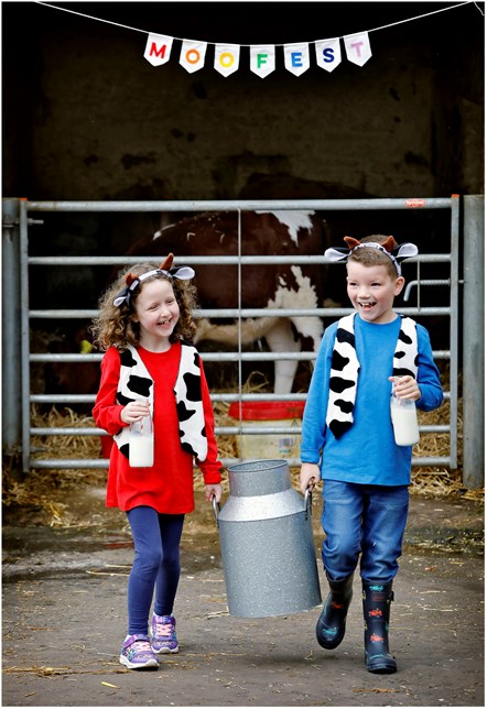 Emily Birrell and Harry Anderson from Mossneuk Primary get ready for MooFest at National Museum of Rural Life in East Kilbride this Saturday 16 and Sunday 17 September.  Supported by Players of People’s Postcode Lottery, the fun family event is a unique celebration of cattle featuring butterchurning