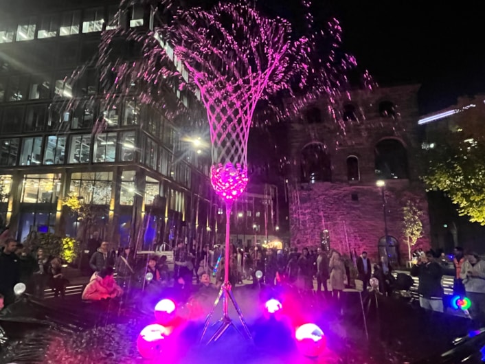 Light Night 2025: At Wellington Place, The Dancing Fountain dances to music, colour and movement. The fountain expresses the drama of music, producing intricate patterns and formations.
