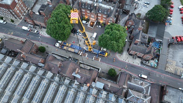 High angle from the stop of the crane arm during Stoke station stonework removal