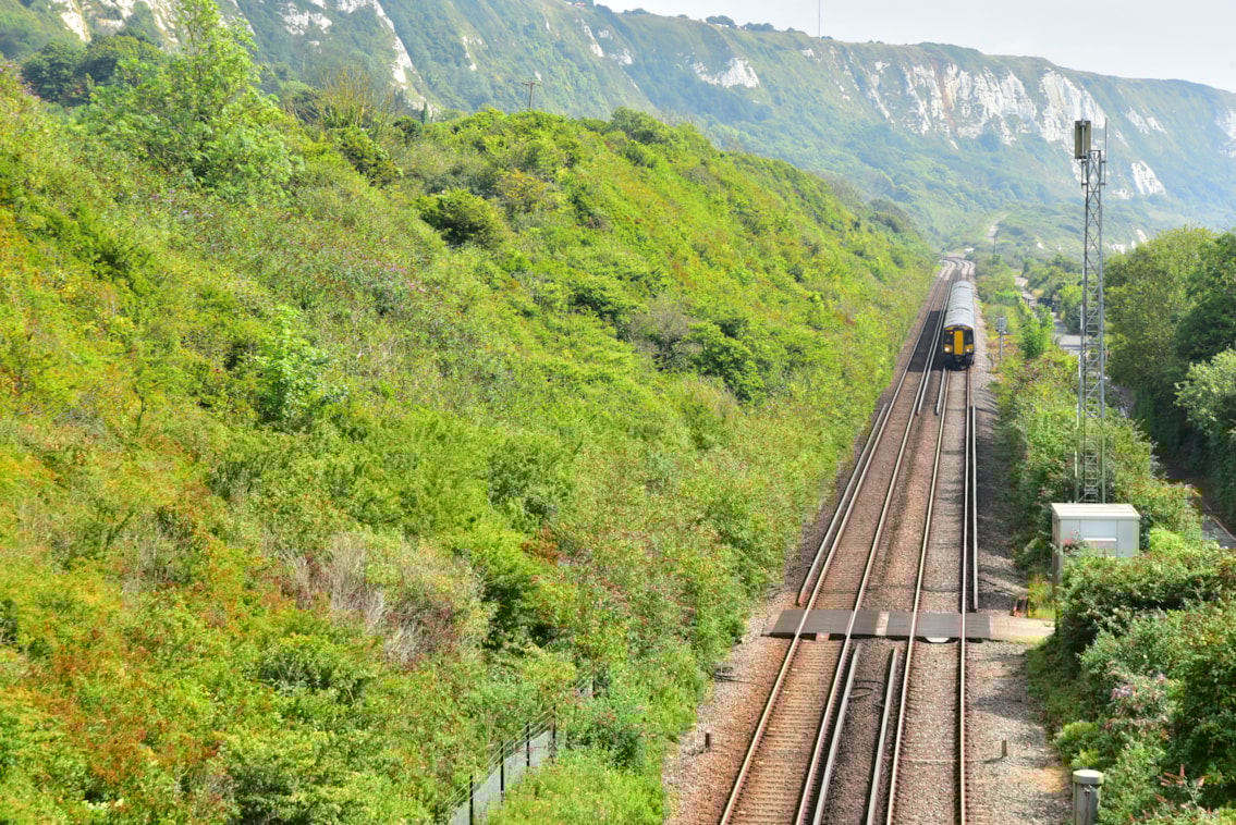 A Southeastern train passes through Folkestone Warren