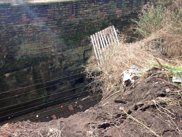 View of the debris on the line from the top of the wall at Liverpool Lime Street