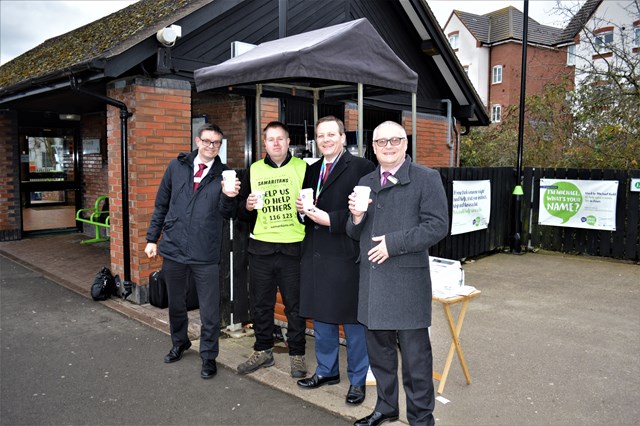 Martin Frobisher, London North Western MD; Matthew Chatterton, barista; Mark Killick, LNW chief operating officer; Neil Bamford, London Midland asset maintenance director