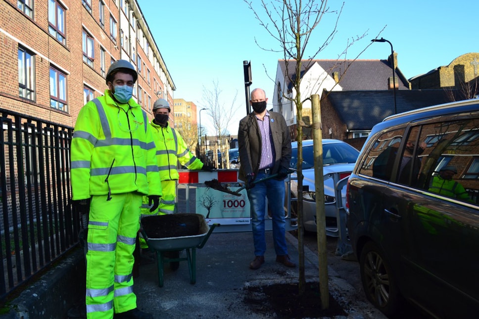 From L to R Dean Bilson and Eddie Simkins from Marlborough Highways, with Mayor of Hackney, Philip Glanville