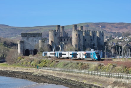 One of Avanti West Coast's new Evero trains going through Conwy Castle, North Wales.