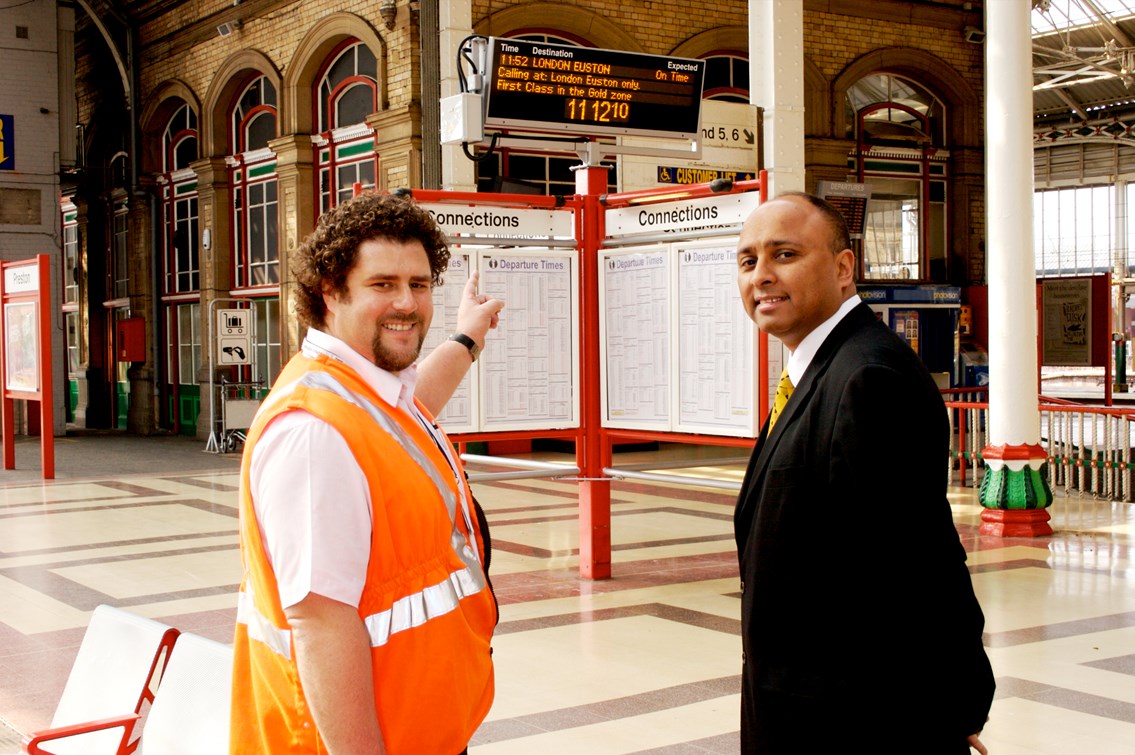 Customer Information Screens (Preston): Gary Openshaw, Area General Manager for Lancashire and Cumbria demonstrates the new customer information screens at Preston station to Mark Hendrick MP