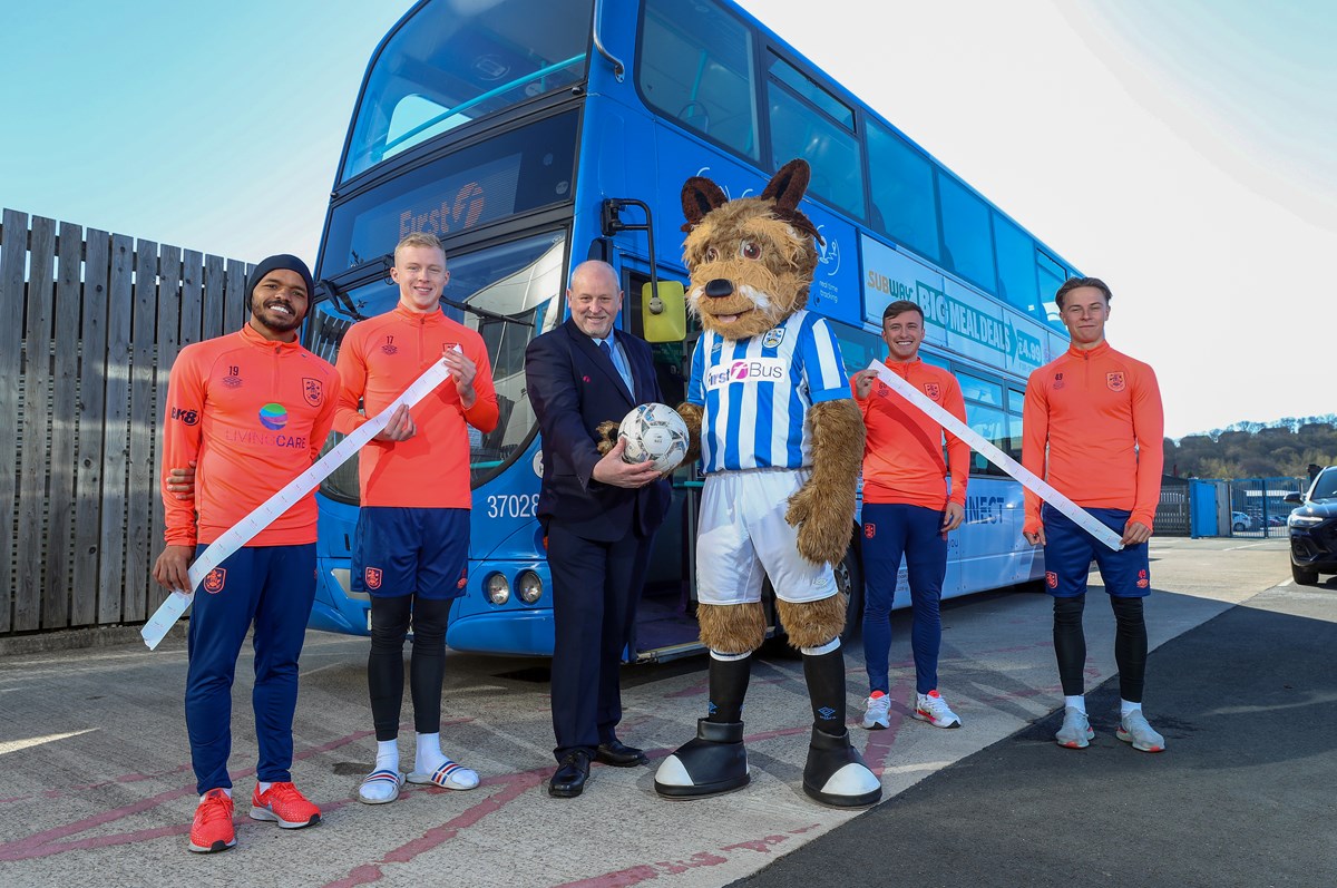 (L R) Duane Holmes 1st team, Jacob Chapman 2nd team, Richard Stones bus driver, Terry the mascot Danny Grant 2nd team and Connor Shanks 2 team 1