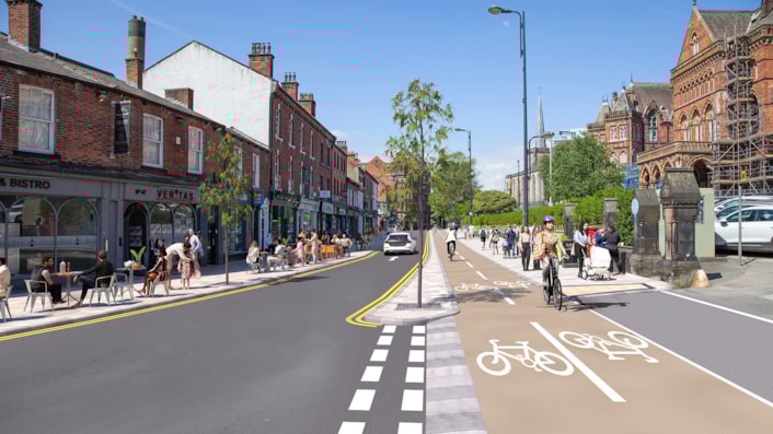 Scheme that will help pedestrians and cyclists move around safer and easier in the city centre enters construction: Leeds City Links - Great George Street Artist Impression