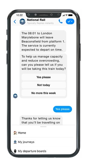 People can stay updated about their journey by National Rail on the 'Alert me by Messenger app