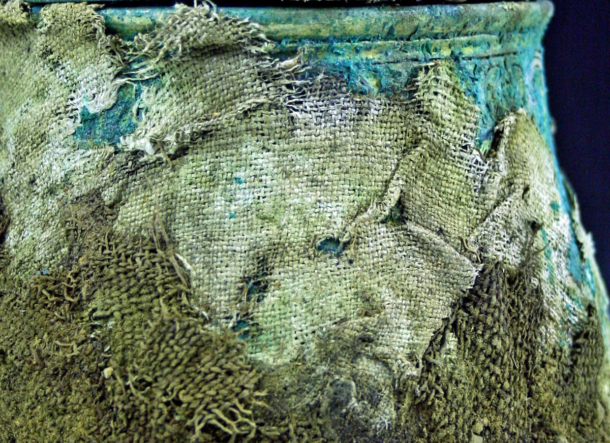 detail of textiles wrapping the lidded vessel from the Galloway Hoard credit Historic Environment Scotland