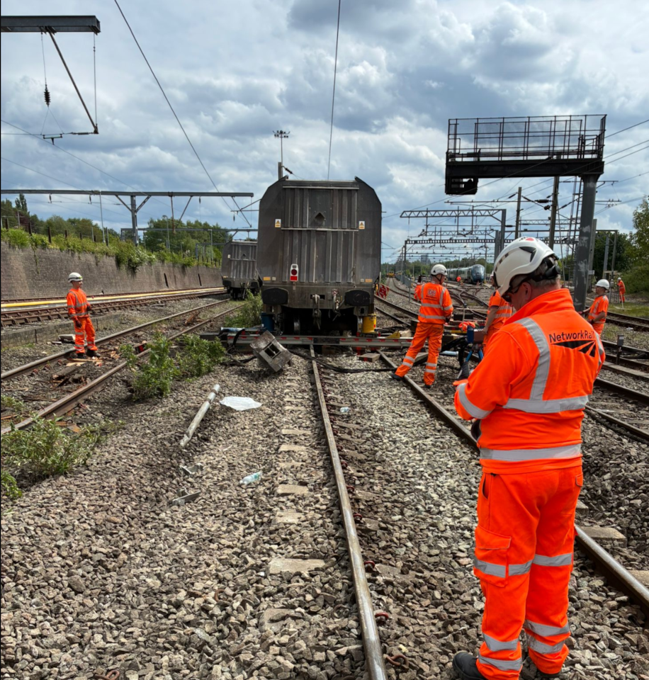 Network Rail team removing derailed freight wagon at Oxley