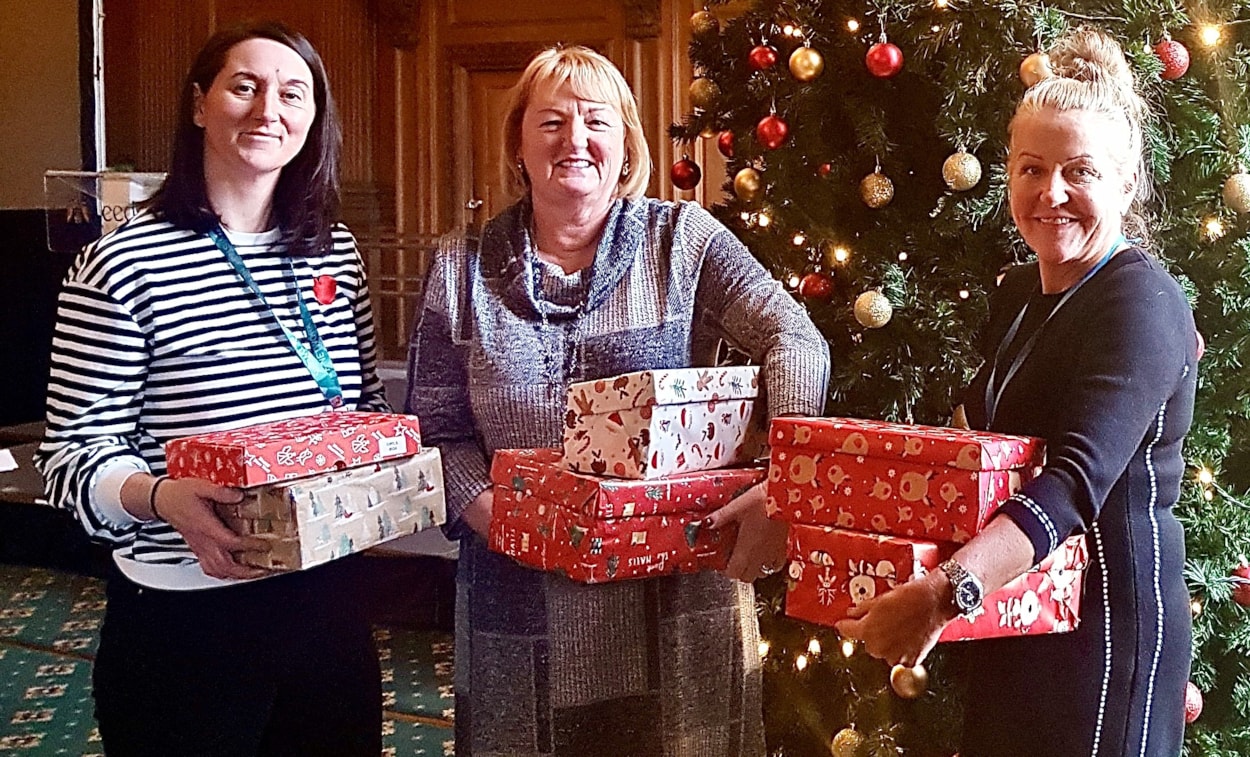 Appeal: Staff at Leeds City Council have been supporting a Christmas Shoebox Appeal for local families. Shown left to right are: Liz Roarty (appeal lead), Councillor Debra Coupar (Leeds City Council’s deputy leader and executive member for resources) and Sarah Martin (chief officer, Civic Enterprise Leeds).