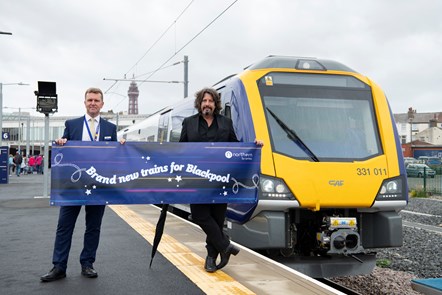 North MD David Brown wlecomes new electric trains to Blackpool North alongside Laurence Llewelyn-Bowen