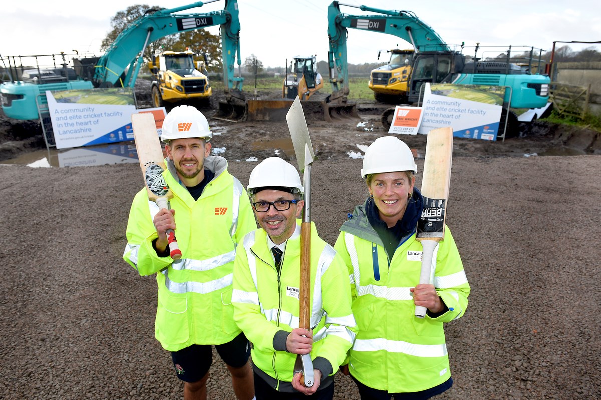 Lancashire cricketers Tom Bailey and Phoebe Graham (L&R) with Lancashire County Councillor Aidy Riggott (middle)