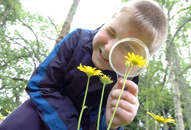 Thousands of pupils benefit from outdoor learning: Boy with magnifying glass ©Andrew Duke/NatureScot