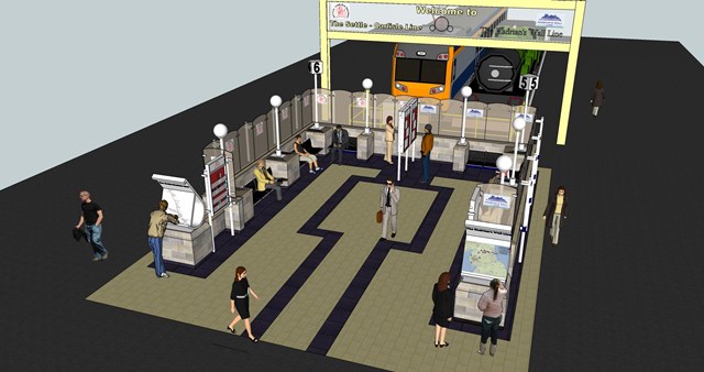 Carlisle station refurbishment_1: CGI impression of new seating area at the head of platforms 5 and 6, forming a Gateway to the Settle - carlisle and Hadrian's Wall lines.