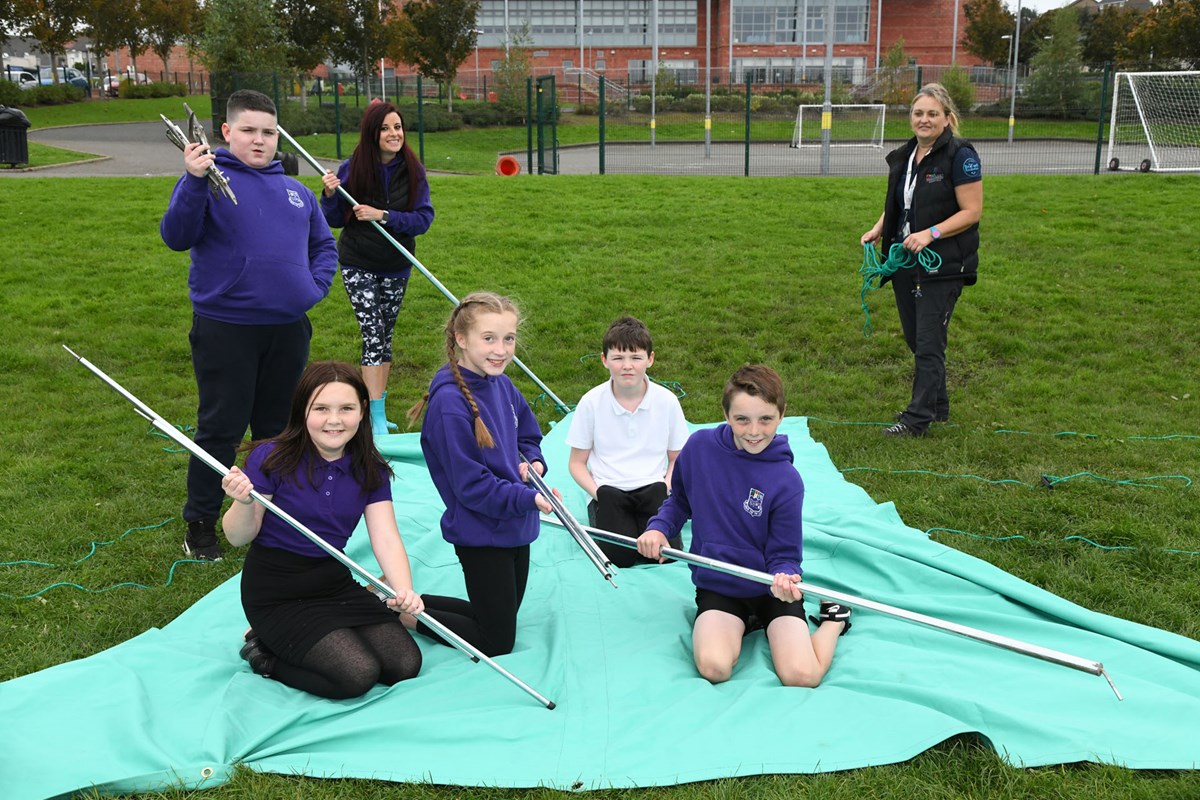 Depute Head Louise Muir and LOST Principal Teacher Natalie White working with P7s to take down their shelter