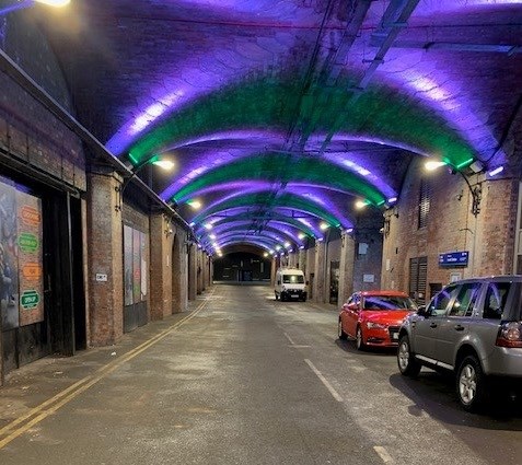 Leeds arches lit up green and blue for Blue Monday and Samaritans-2