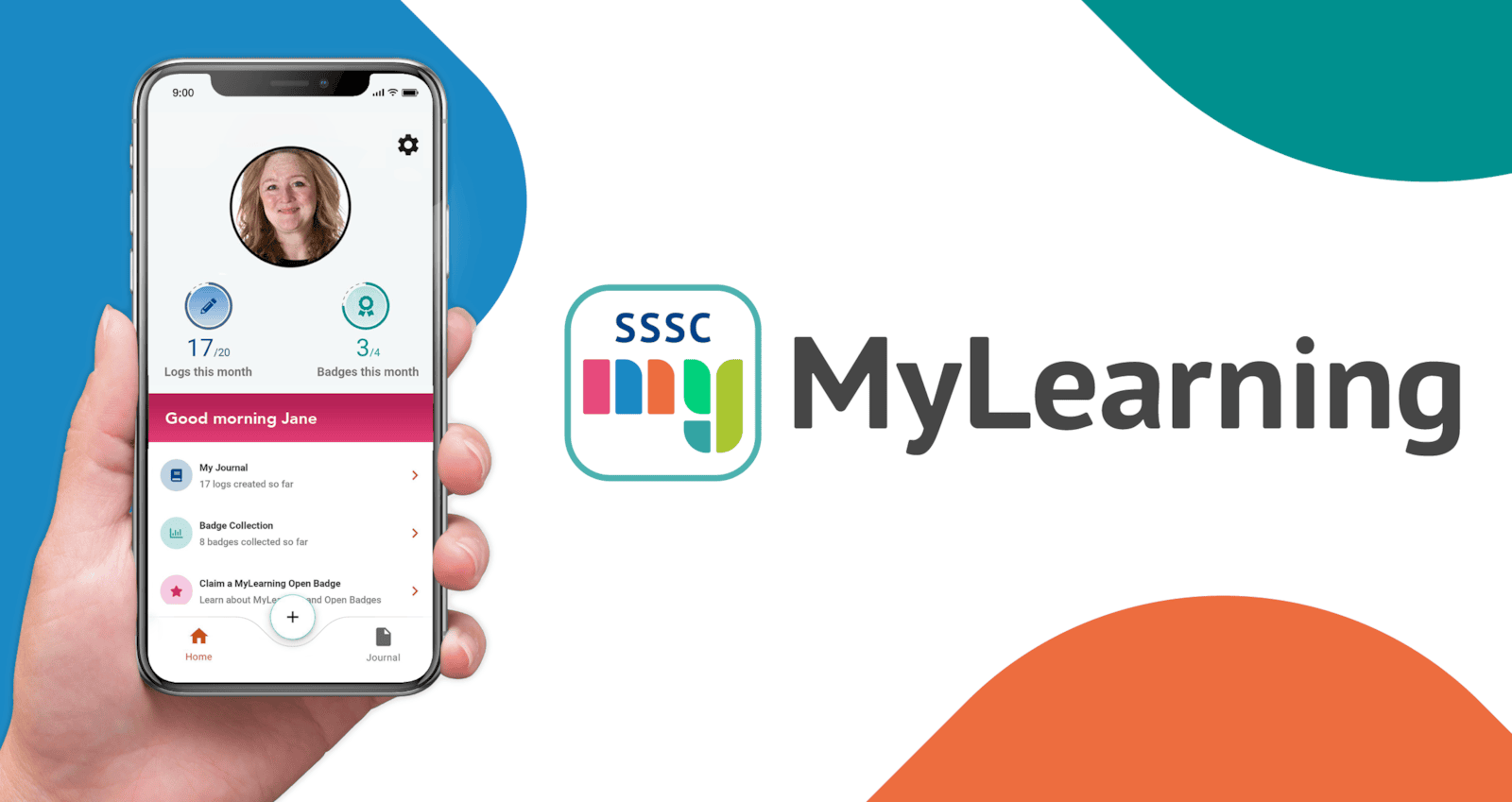MyLearning app (image): MyLearning app logo and image of the app being used on a smartphone