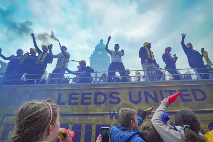 parade 3: Leeds United players and staff celebrate during their promotion parade.