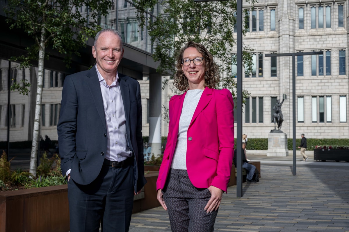 Scottish Enterprise's Chief Executive, Adrian Gillespie with new North East Transition Director, Bethan Vasey standing outside Marischal College in Aberdeen.