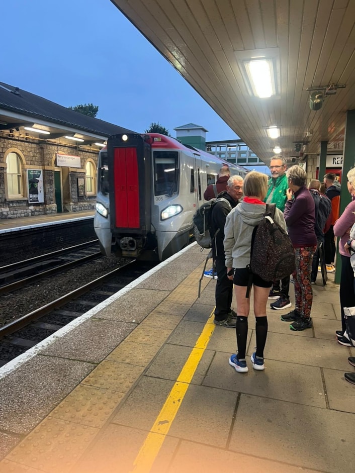 Runners boarding a train to Cardiff Half Marathon: Runners boarding a train to Cardiff Half Marathon