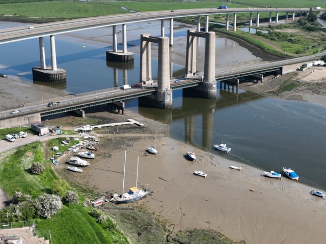 Motorists reminded to plan ahead and change their travel plans as Kingsferry Bridge cable repairs to be completed over the Kent school half-term in October: Kingsferry Bridge drone picture