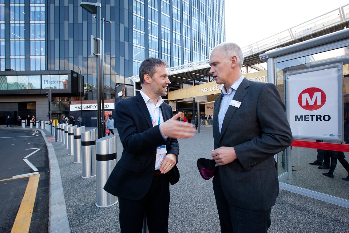 L to R - Leeds City Council and West Yorkshire Combined Authority Transport Committee member Cllr Peter Carlill and Rob McIntosh, Managing Director, Eastern, for Network Rail outside Leeds station