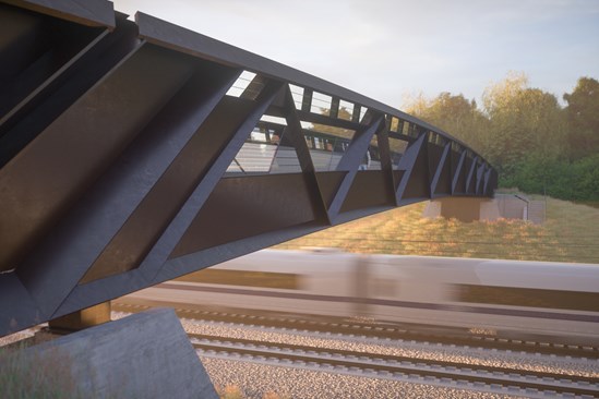HS2 rural footbridge design from the side with passing train