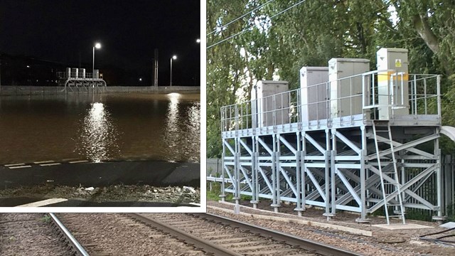 Signalling equipment on stilts helping storm-proof West Coast main line: Signalling cabinets on stilts at Caldew junction composite