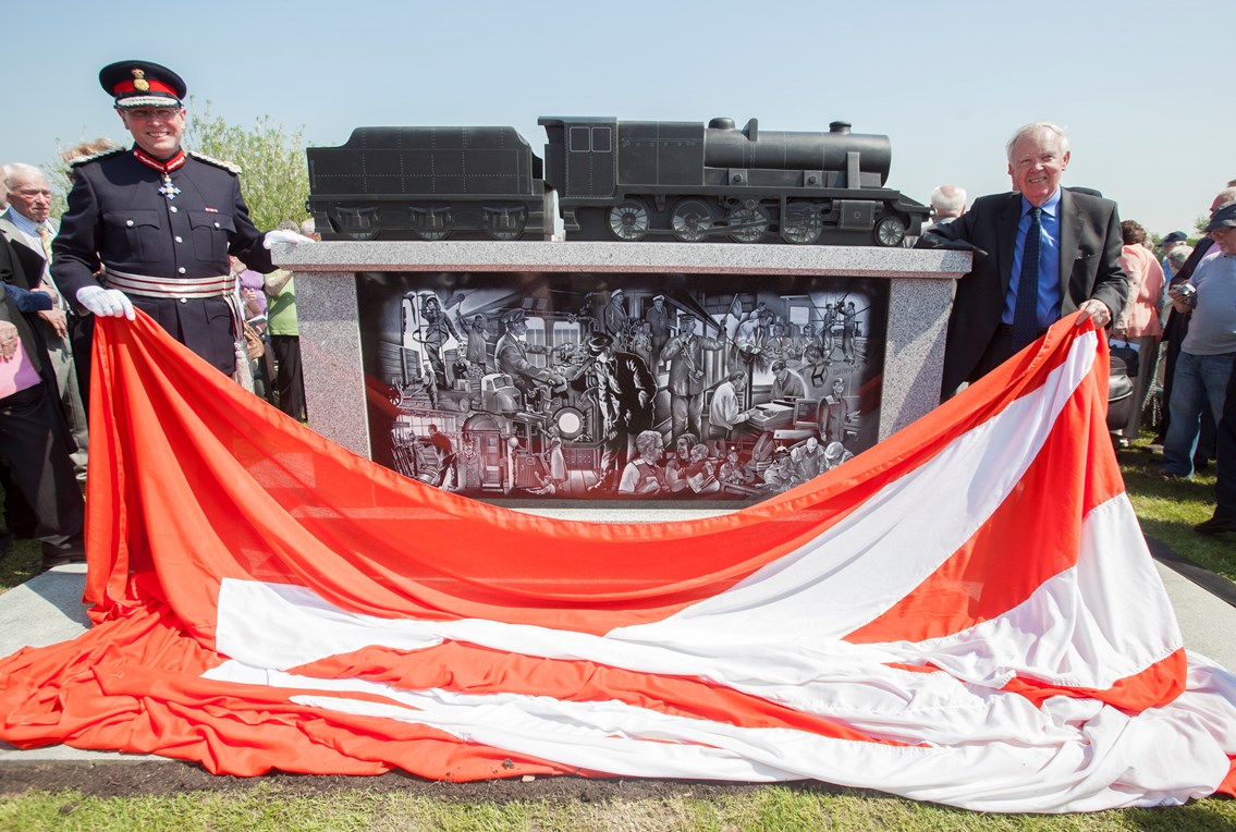 National Railway Memorial: Sir Bob Reid, former chairman of British Rail, accompanied by Ian Dudson, Lord-Lieutenant of Staffordshire, unveil the memorial (22 May 2012).