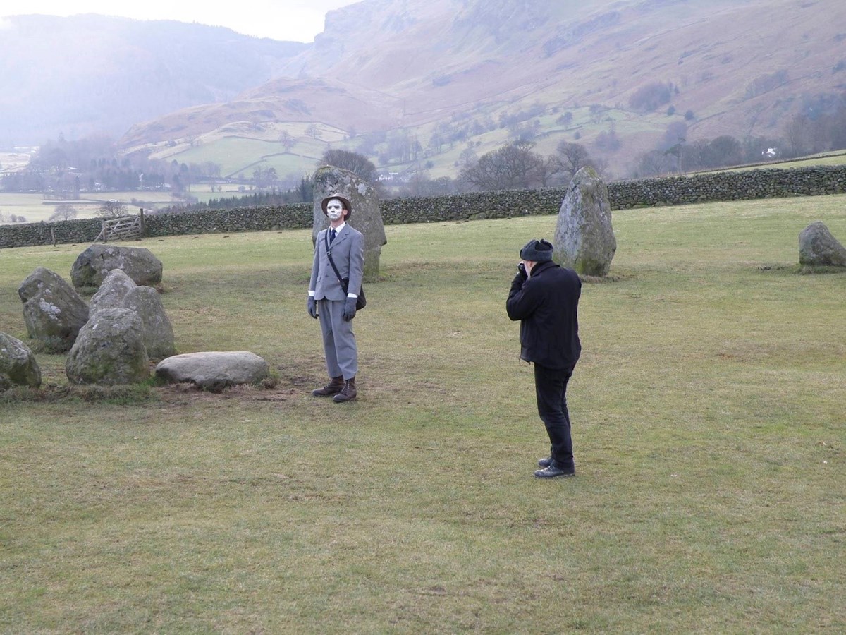 Robert Williams and Bryan McGoven Wilson as the Atomic Priest on a photoshoot at Castlerigg stone circle, Keswick