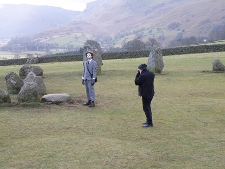 Robert Williams and Bryan McGoven Wilson as the Atomic Priest on a photoshoot at Castlerigg stone circle, Keswick