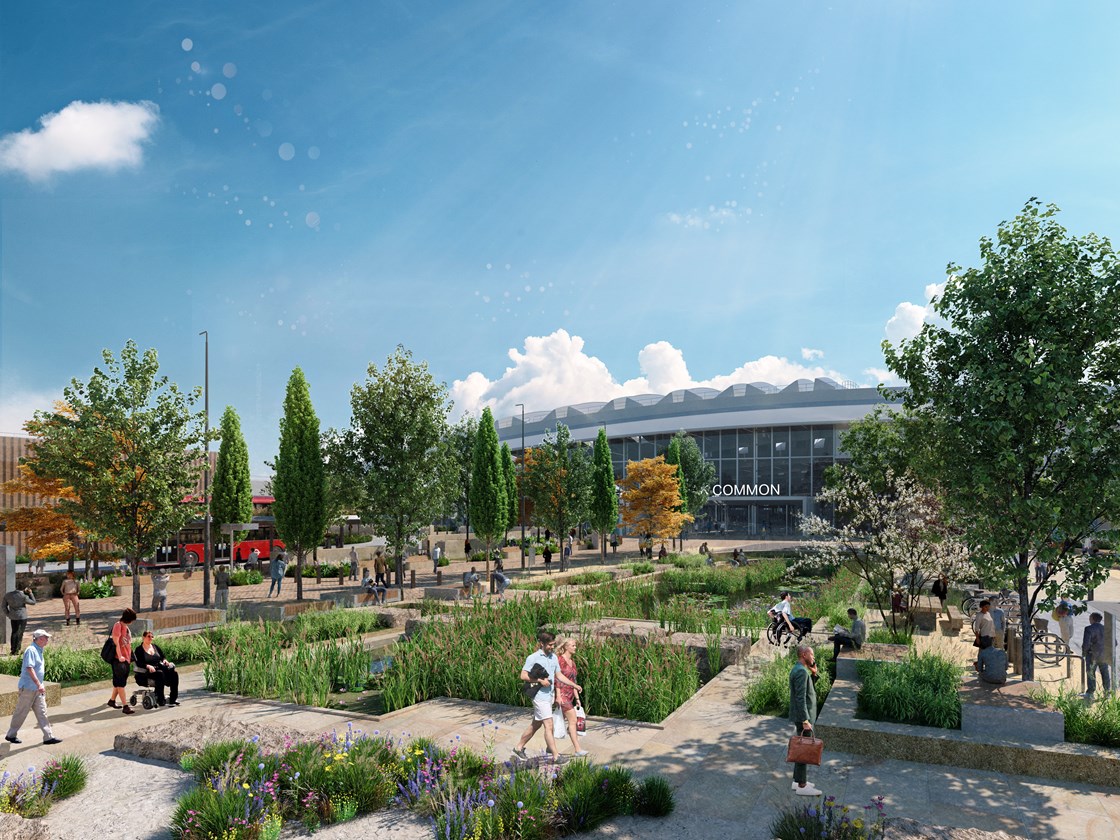 Old Oak Common Urban Realm Designs - Wetland Common: Old Oak Common Urban Realm design engagement. 

The Wetland Common will provide a pleasant, safe and fully-accessible environment for everyone, whether children playing, friends relaxing or people waiting for a train or bus.

There will be a diverse range of planting species, mature trees, water gardens, walkways, and opportunities for informal and natural play, with terracing and seating provided.

This sequence of ecologically enhanced gardens will create a unique sense of place that is rich biodiversity for all to enjoy throughout the year.

Tags: Old Oak Common, urban Realm, Station, Design, Public Space