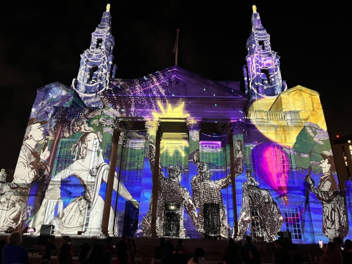 Light Night 2025: At Leeds Civic Hall a remarkable new commission by Portuguese artists Ocubo, co-produced by the British Library, was projected across the building’s façade.
Entitled, Portals: The Machine of Worlds, the piece uses fantastical imagery from books in the library’s collection, exploring universes of science, illusion and discovery.