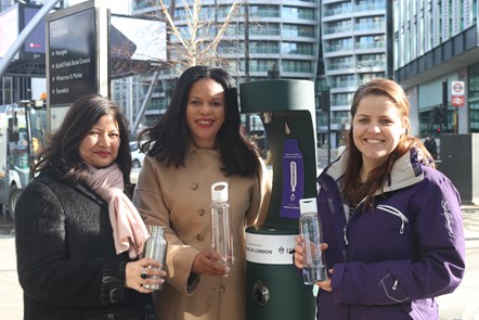 Launch of new Old Street drinking fountain with (L-R) London Deputy Mayor for Environment and Energy Shirley Rodrigues; Cllr Claudia Webbe, Islington Council's executive member for environment and transport; and one of the first members of the public to use the new drinking fountain